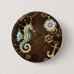 Badge Rond 5 Cm Fond en bois avec hippocampe mécanique