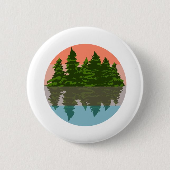 Badge Rond 5 Cm Forêt Coucher Nature Pins Arbres (Devant)