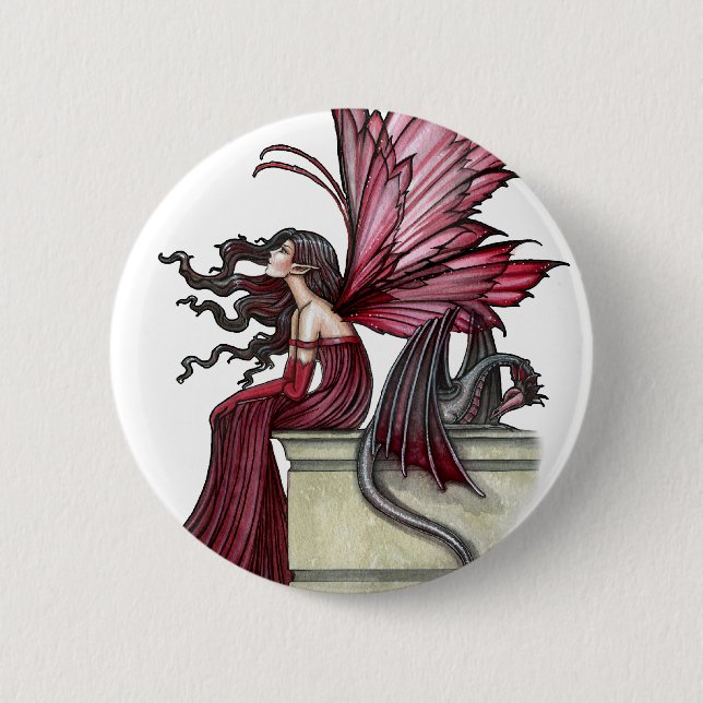 Badge Rond 5 Cm Fougueuse Ruby Gothique Rouge Fée et Dragon (Devant)