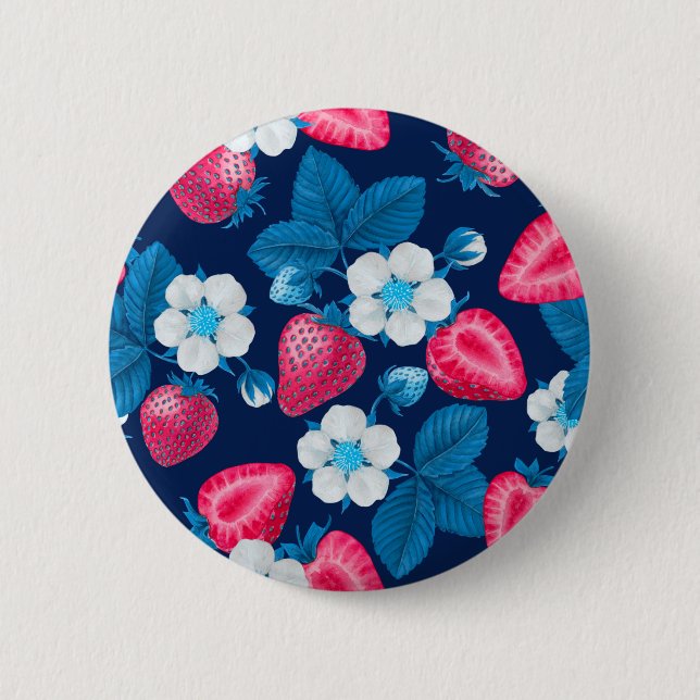Badge Rond 5 Cm Fraises roses sur bleu (Devant)