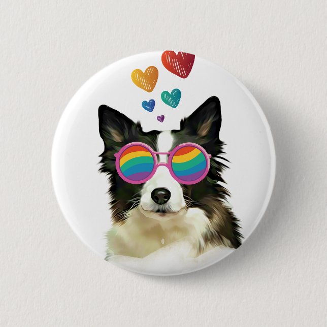 Badge Rond 5 Cm Frontière Collie Chien avec Coeurs Saint-Valentin (Devant)