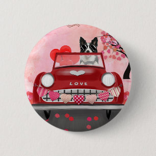 Badge Rond 5 Cm Frontière Collie voiture avec les coeurs Valentin