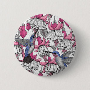 Badge Rond 5 Cm Fuchsia et colibris blancs