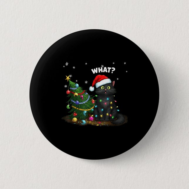 Badge Rond 5 Cm Funny Black Cat Pushing Christmas Tree  (Devant)