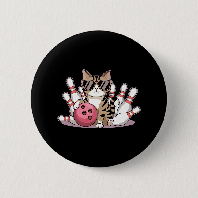 Badge Rond 5 Cm Funny Cat Playing Bowling Cool Cat With Sungles  (Devant)
