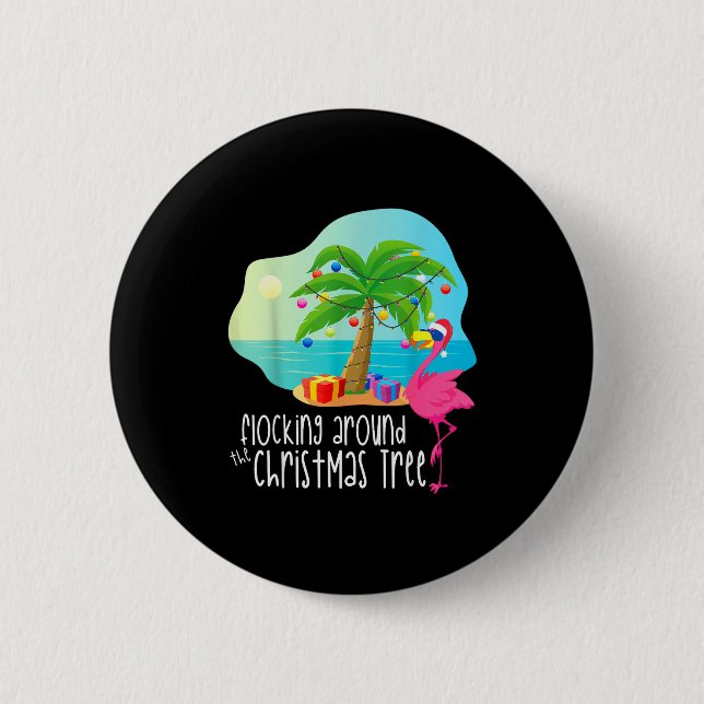 Badge Rond 5 Cm Funny Flamingo Flocking Around The Christmas Tree  (Devant)