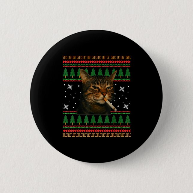 Badge Rond 5 Cm Funny Smoking Cat Meme Christmas Ugly Sweater Cat  (Devant)