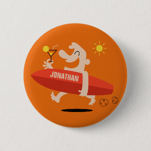 Badge Rond 5 Cm Funny Surfer avec Cocktail boutons de nom personna