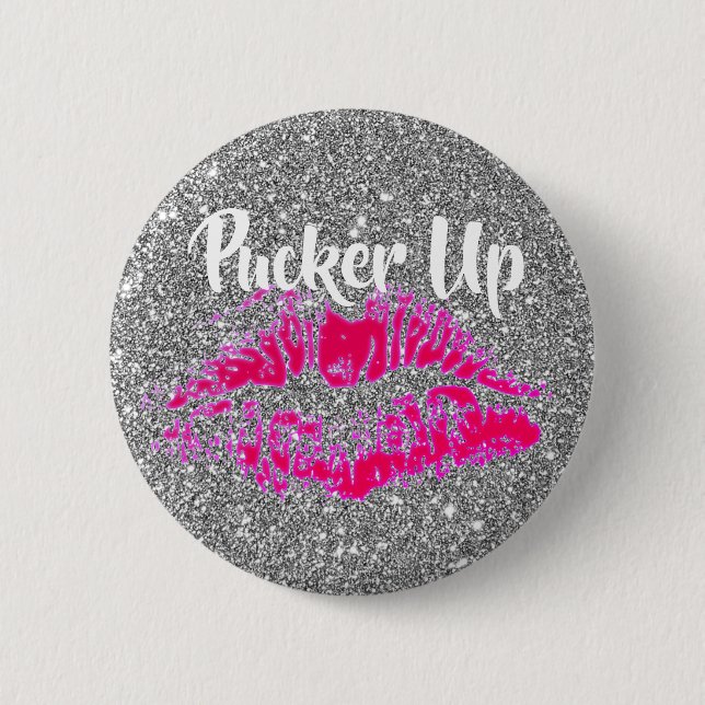 Badge Rond 5 Cm Funny Valentines Bright Pink Kiss Silver Glitter (Devant)