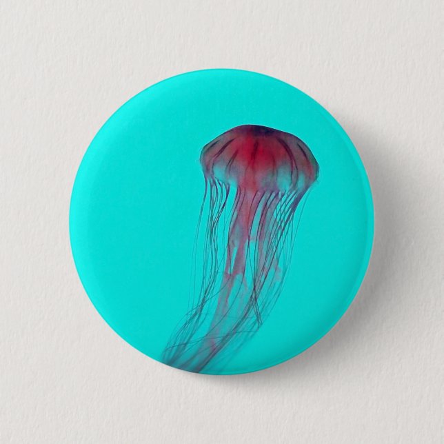 Badge Rond 5 Cm Fuschia méduse rose sur Aqua Blue Green (Devant)