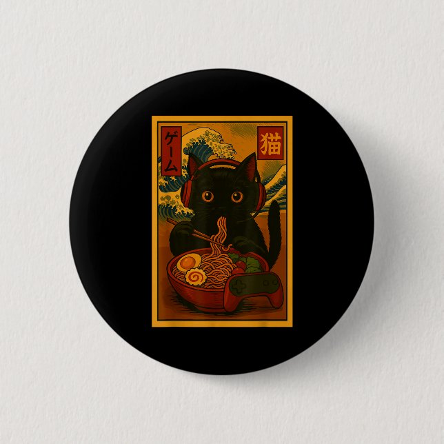 Badge Rond 5 Cm Gamer Cat Eating Ramen Japanese Style  (Devant)
