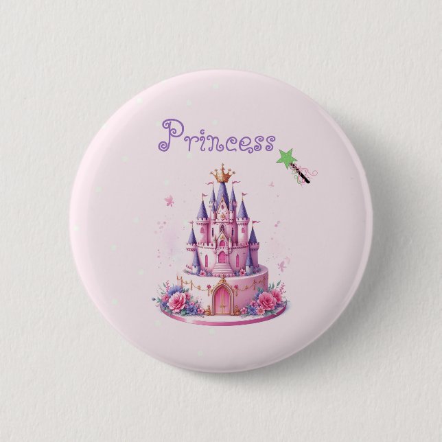 Badge Rond 5 Cm Gâteau Château Princesse Rose et Baguette Magique (Devant)