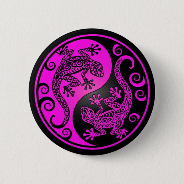 Badge Rond 5 Cm Geckos noirs et magenta de Yin Yang (Devant)