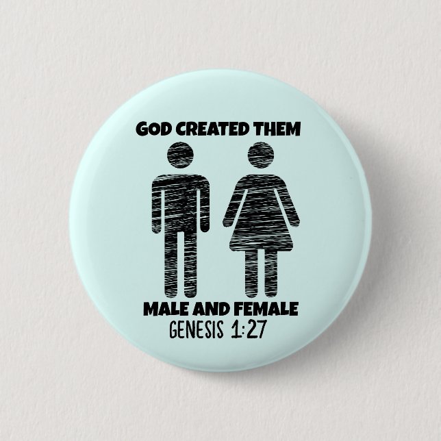 BADGE ROND 5 CM GENÈSE HOMME ET FEMME BOUTONS CHRÉTIENS (Devant)