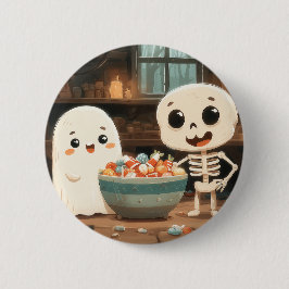 Badge Rond 5 Cm Ghost mignon & Squelette avec bol à bonbons - Bout
