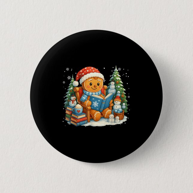 Badge Rond 5 Cm Gingerbread Reading Book Lovers Christmas Bookworm (Devant)