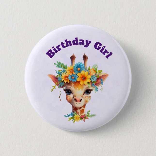 Badge Rond 5 Cm Girafe fille d'anniversaire avec couronne fleurie (Devant)