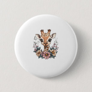 Badge Rond 5 Cm Giraffe Adorable Entourée De Fleurs _6