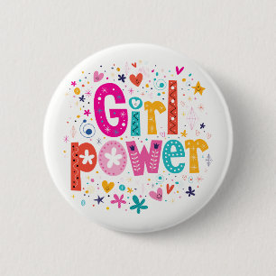 Badge Rond 5 Cm Girl Power Glossy Pink and White