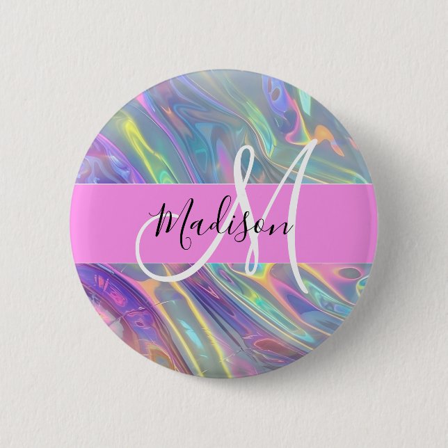 Badge Rond 5 Cm Girl Rainbow Holographic Iridescente Monogramme No (Devant)