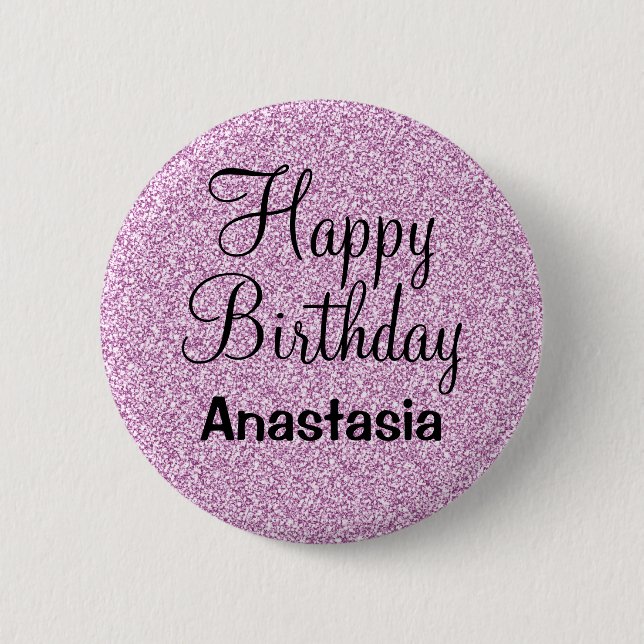 Badge Rond 5 Cm Glam Happy Birthday Purple Parties scintillant Nom (Devant)