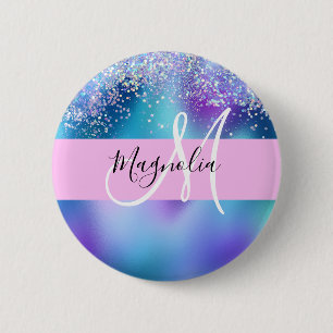 Badge Rond 5 Cm Glam Holographique Sirène Paillettes Étincelle Mon