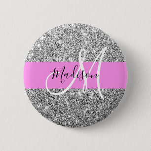 Badge Rond 5 Cm Glam Pink & Silver Glitter Sparkles Monogram Name