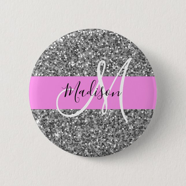 Badge Rond 5 Cm Glam Pink & Silver Parties scintillant étincelles  (Devant)
