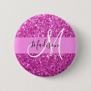 Badge Rond 5 Cm Glamour Rose & Magenta Paillettes Étincelles Monog