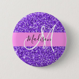 Badge Rond 5 Cm Glamour Violet & Rose Paillettes Monogramme Nom