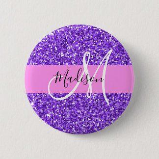 Badge Rond 5 Cm Glamour Violet & Rose Paillettes Monogramme Nom
