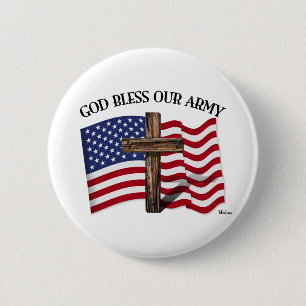 Badge Rond 5 Cm GOD BLESS OUR ARMY with rugged cross & US flag