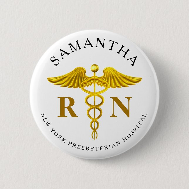 Badge Rond 5 Cm Gold Caduceus Infirmière inscrite Nom (Devant)