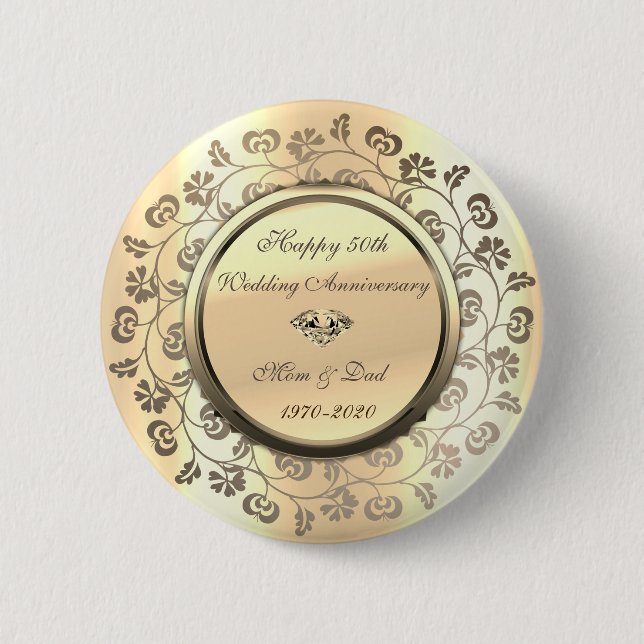 Badge Rond 5 Cm Gold Flowers Diamond 50e anniversaire Mariage (Devant)