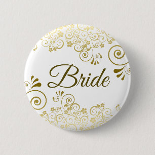 Badge Rond 5 Cm Gold & White Ornate Filigree Élégante Mariée