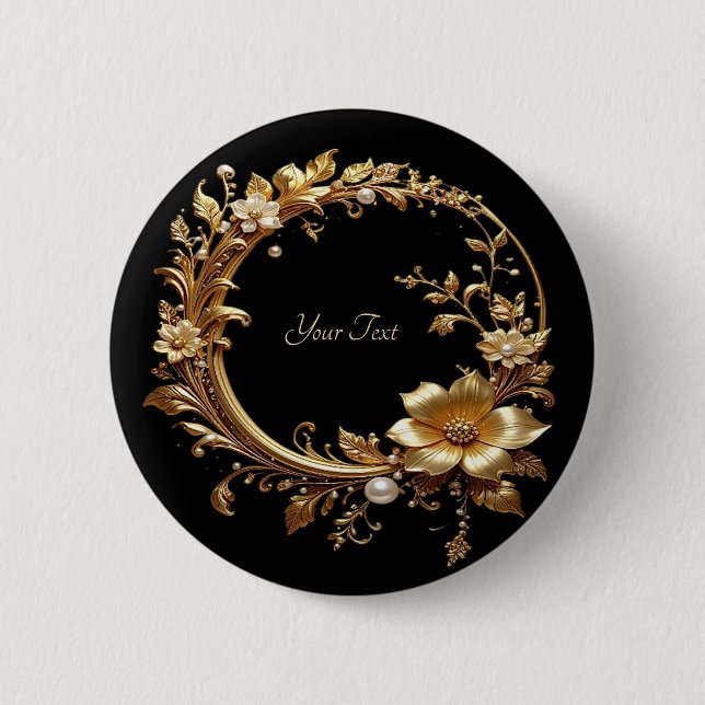 Badge Rond 5 Cm Golden Floral Ornate Frame Button (Devant)