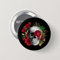 Goth Crâne avec Fleurs rouges et Feuilles d'or