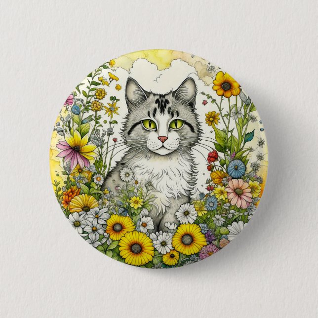 Badge Rond 5 Cm Gray Kitty Chat assis en Fleurs (Devant)