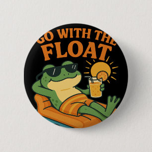 Badge Rond 5 Cm Grenouille Cool Relaxant sur un Radeau avec Boiss