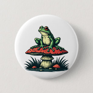 Badge Rond 5 Cm Grenouille sur champignon Cottagecore Forêt de cha