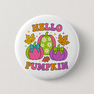 Badge Rond 5 Cm Groovy Hello Citrouille Rétro Automne Halloween