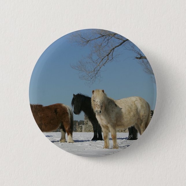 Badge Rond 5 Cm Groupe de chevaux miniatures dans la neige (Devant)