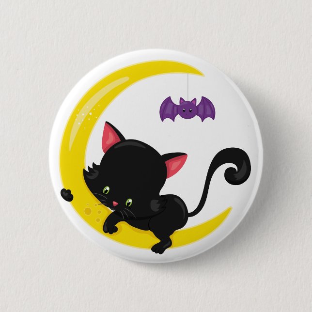 Badge Rond 5 Cm Halloween chat noir et chauve-souris sur Crescent  (Devant)