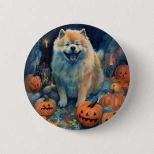 Badge Rond 5 Cm Halloween Chow Chow Avec La Peur Citrouille