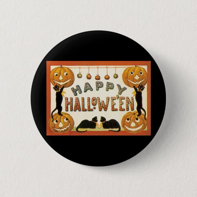 Badge Rond 5 Cm Halloween vintage, chats noirs avec Jackolanterns (Devant)