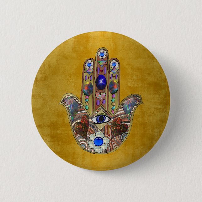 Badge Rond 5 Cm Hamsa Coeurs Fleurs Opal Art sur Or (Devant)