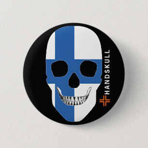 Badge Rond 5 Cm HANDSKULL Finlande, crâne heureux, drapeau de la