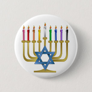 Badge Rond 5 Cm Hanoukka Rainbow Candles Gold Menorah