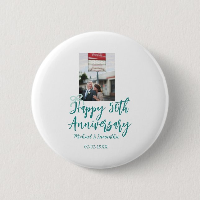 Badge Rond 5 Cm Happy 50th anniversary photo turquoise bow name da (Devant)
