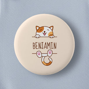 Badge Rond 5 Cm Happy Calico Cat Peeking behind Custom Name